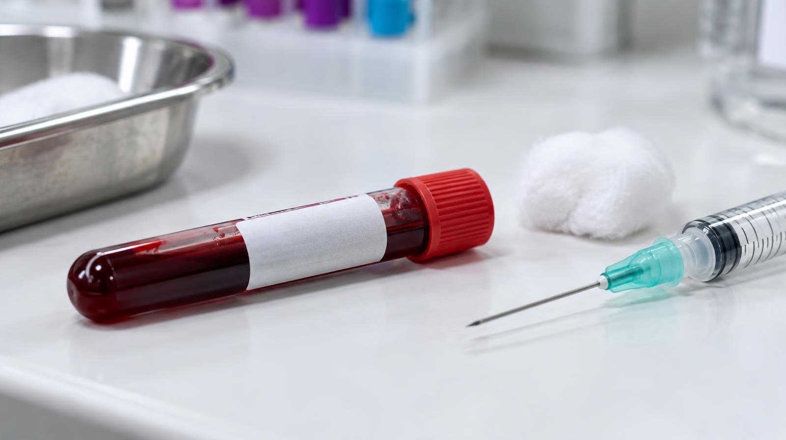 A glass blood collection vial filled with dark red blood on a white surface.
