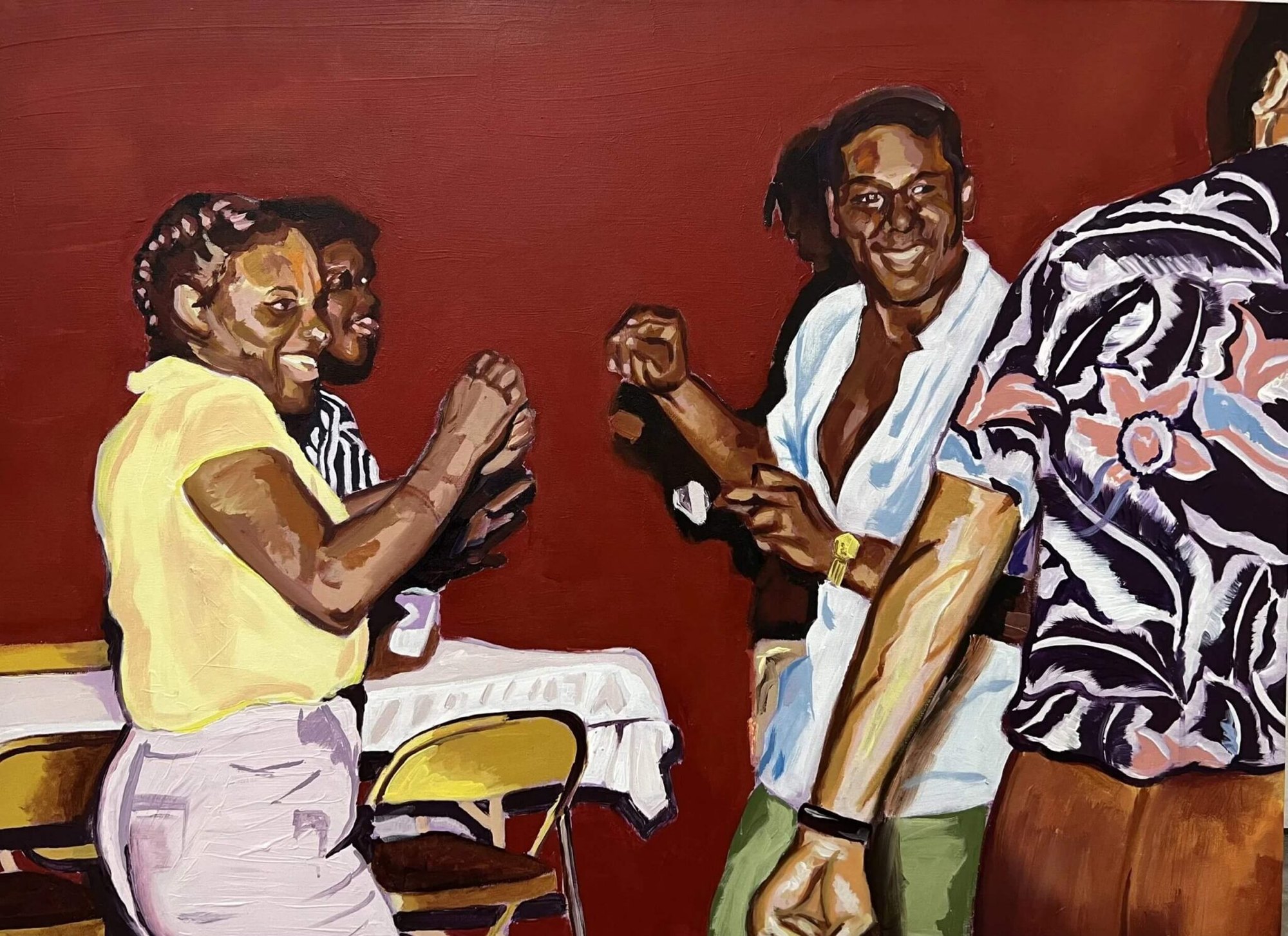 Expressive painting of figures dancing joyfully against a deep red background.