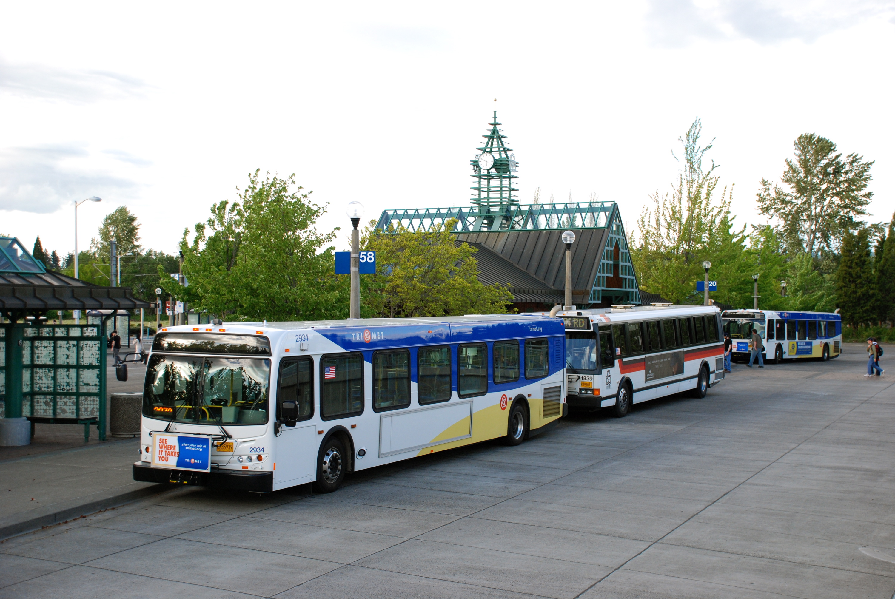 Several TriMet buses lined up at a covered transit center bus loop.
