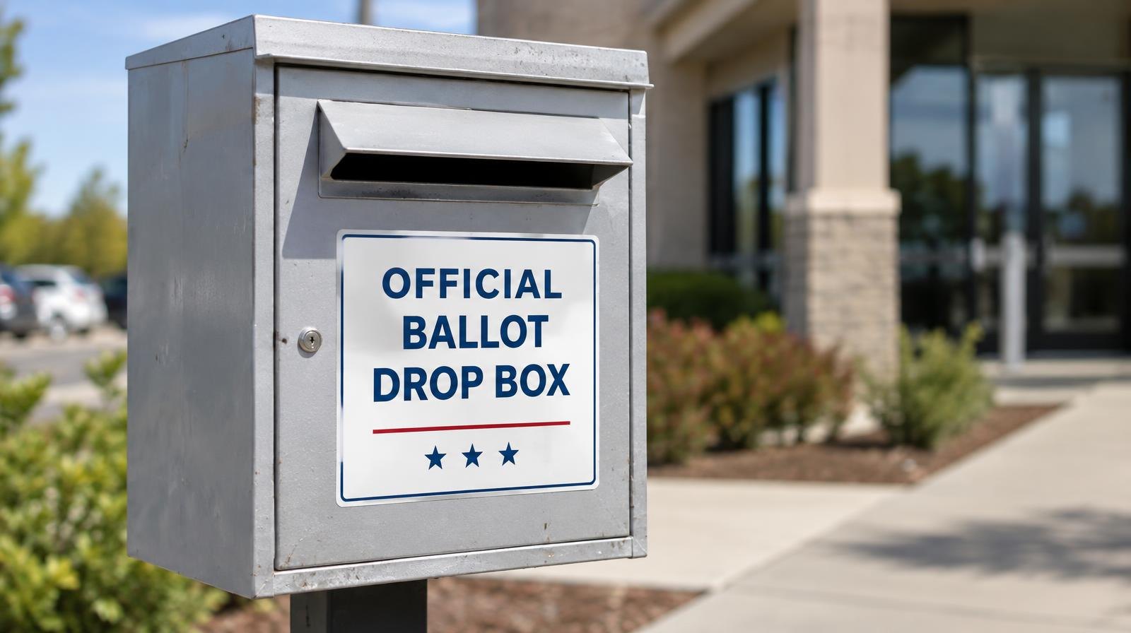 A metal ballot drop box mounted on a post outside a building.