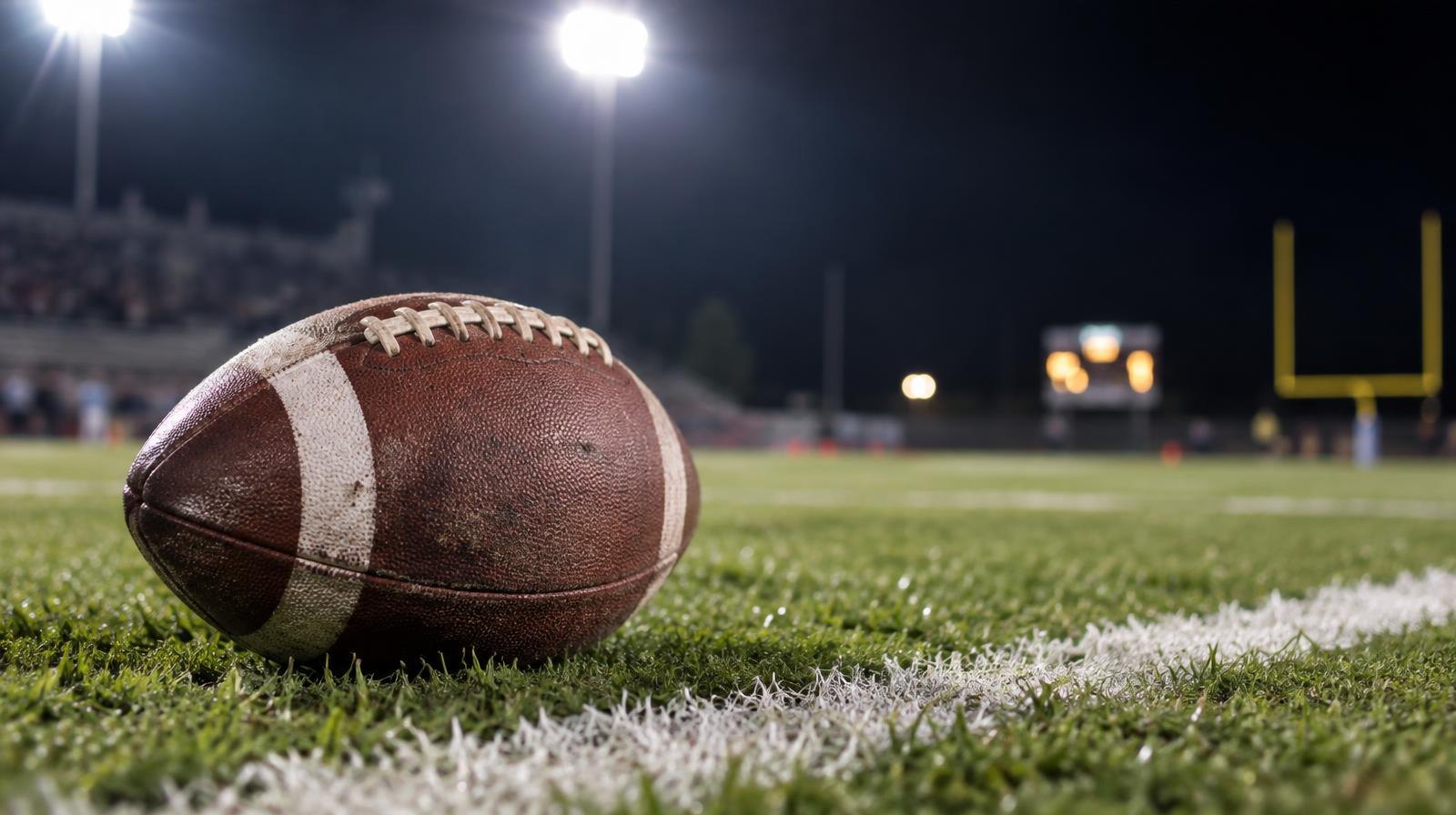 An American football on green grass near a white yard line under bright stadium lights.