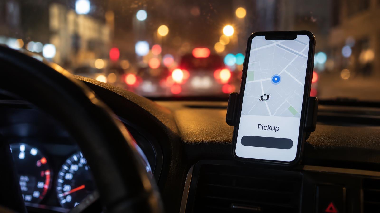 Smartphone with rideshare app on a car dashboard, city lights blurred outside.