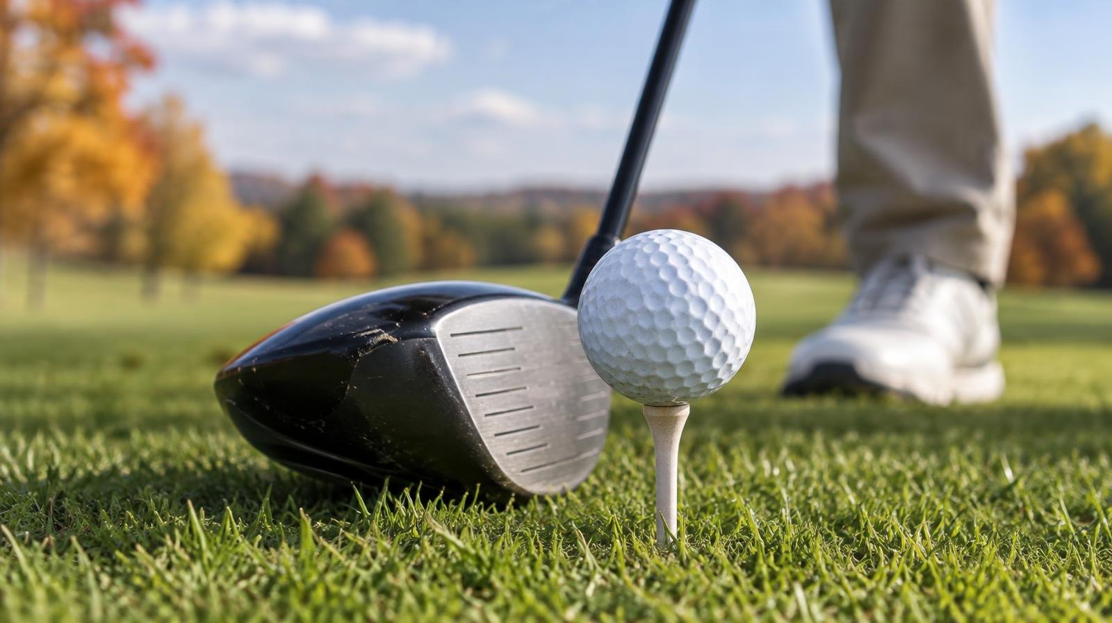 A golf ball on a tee peg with a club head positioned behind it.
