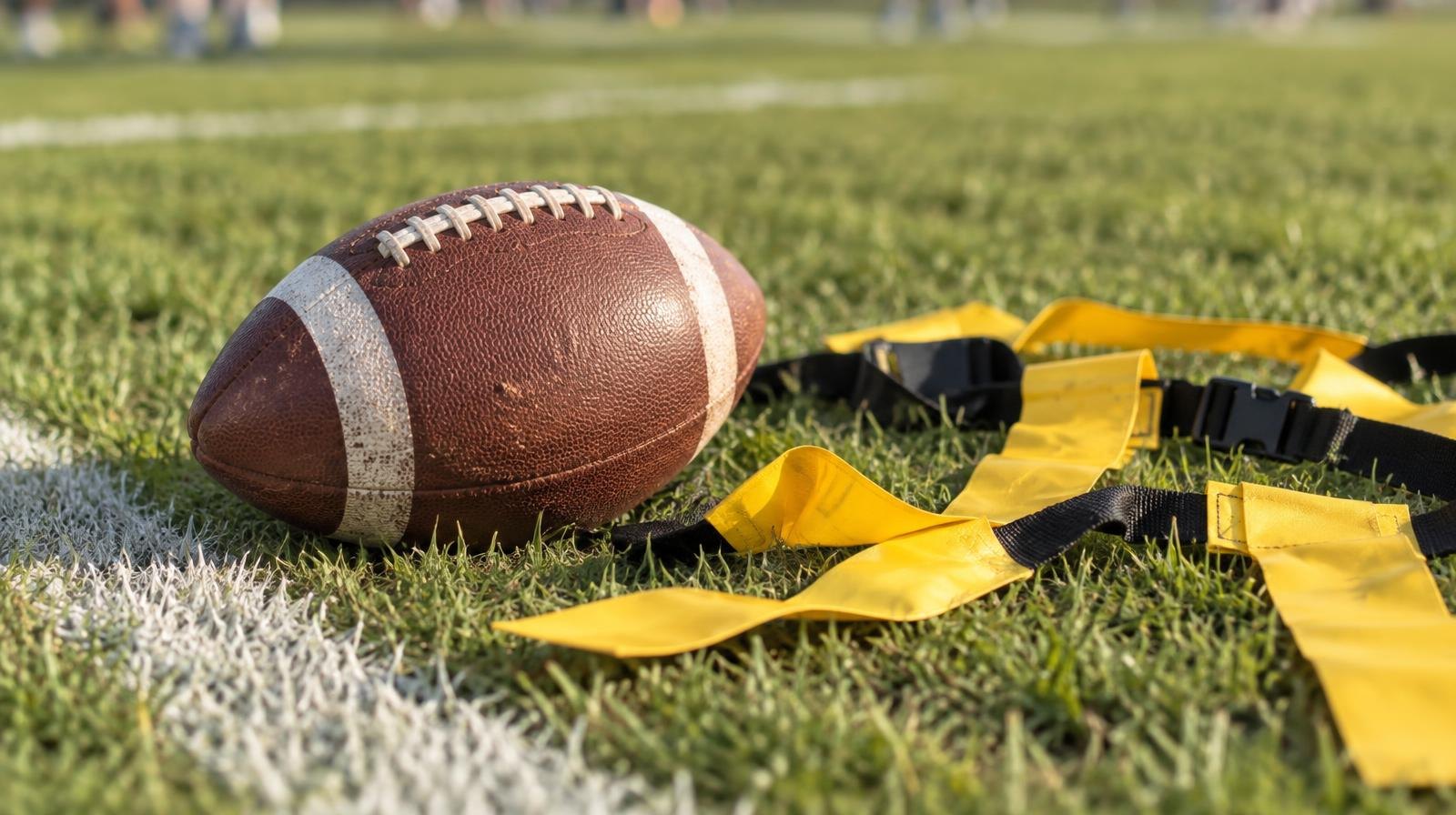 A football and colorful flag belts laid out on green grass beside a white yard line.