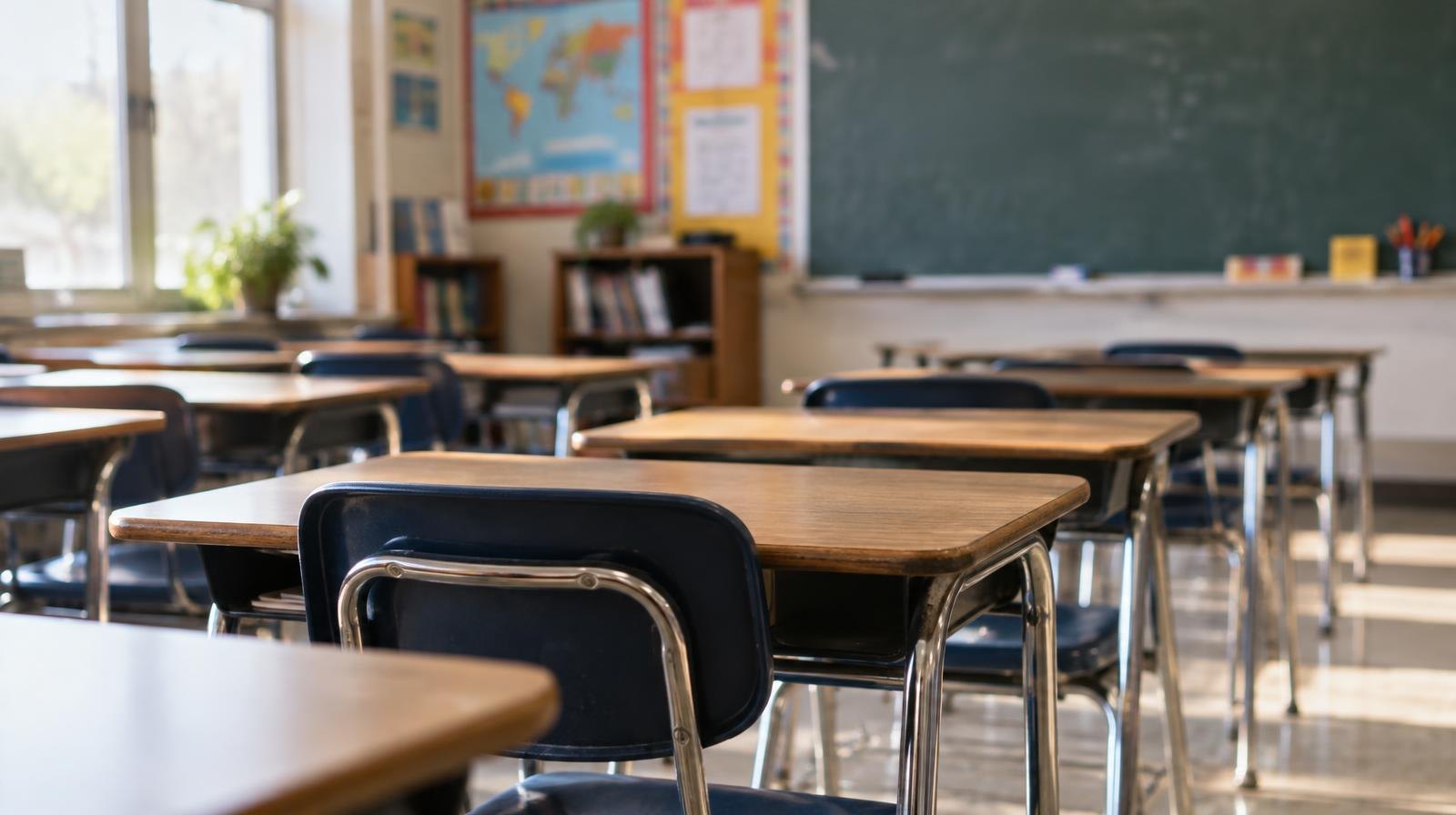Rows of empty student desks in a bright classroom with a chalkboard at the front.