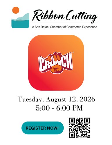 Promotional flyer for a Crunch Fitness ribbon cutting event with date and QR code.