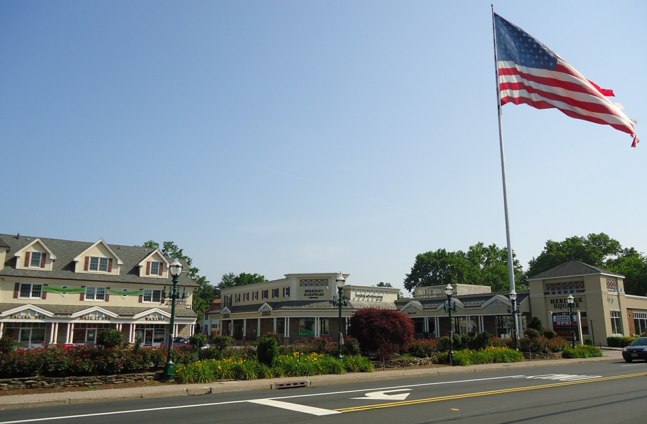 Commercial strip with street lamps, landscaped median, and a large American flag on a tall flagpole.