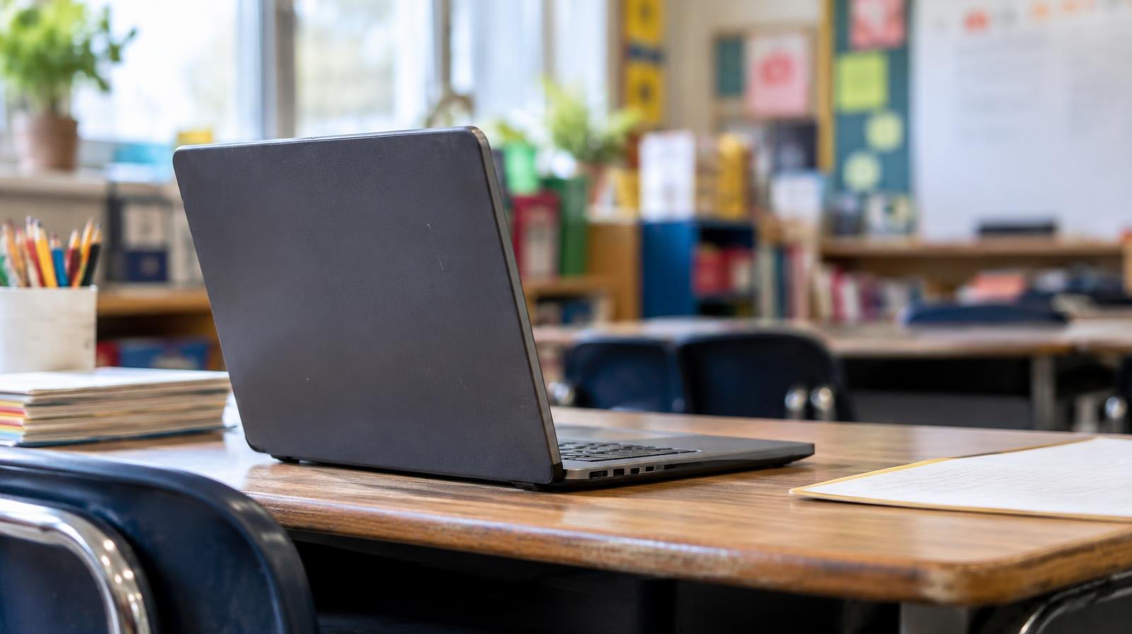 An open laptop computer on a small wooden school desk in a bright classroom.
