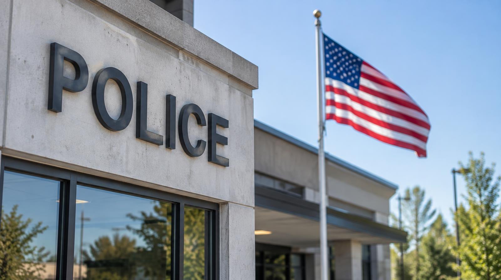 Exterior of a modern municipal police station with an American flag out front.