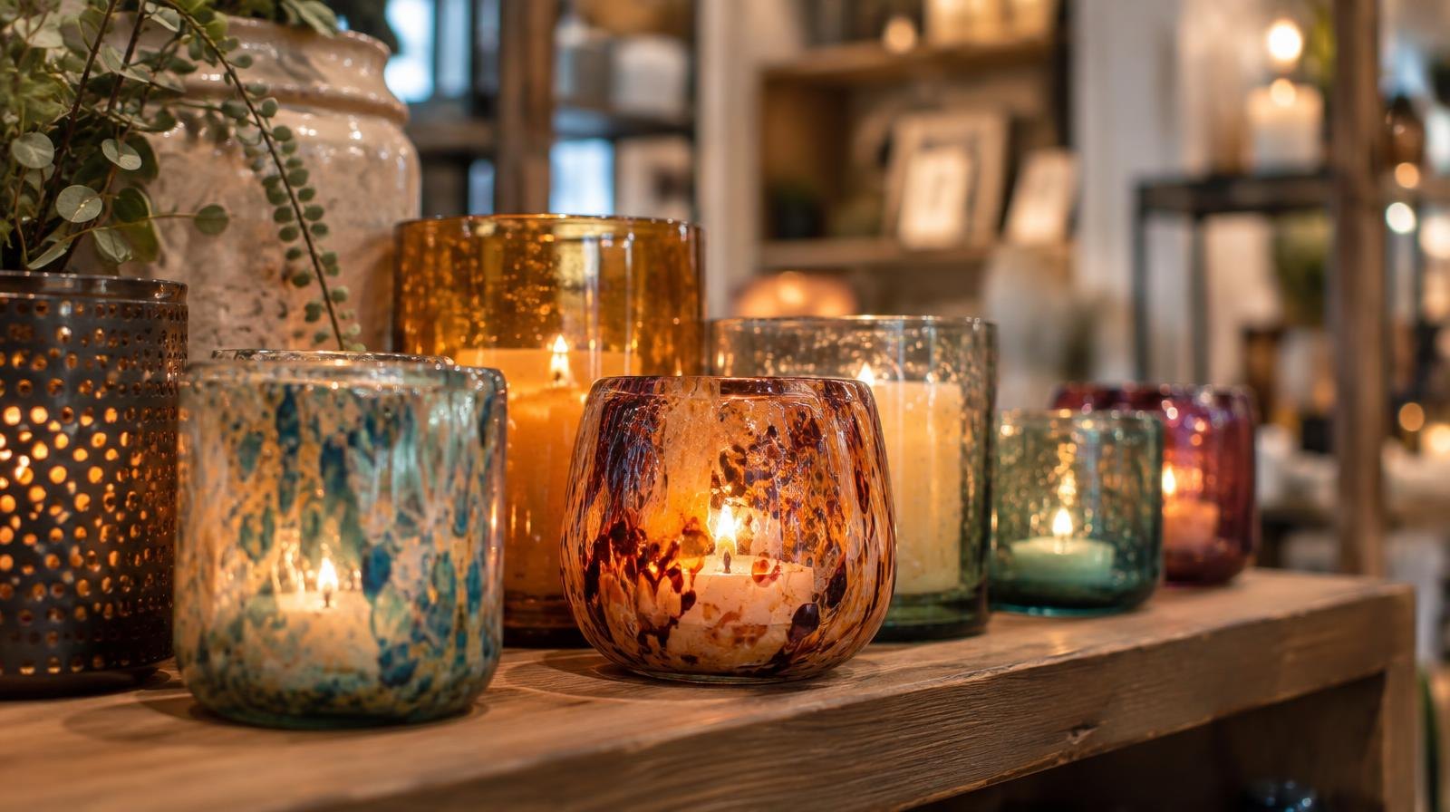 Colorful glowing glass votives and candleholders arranged on a wooden shelf.