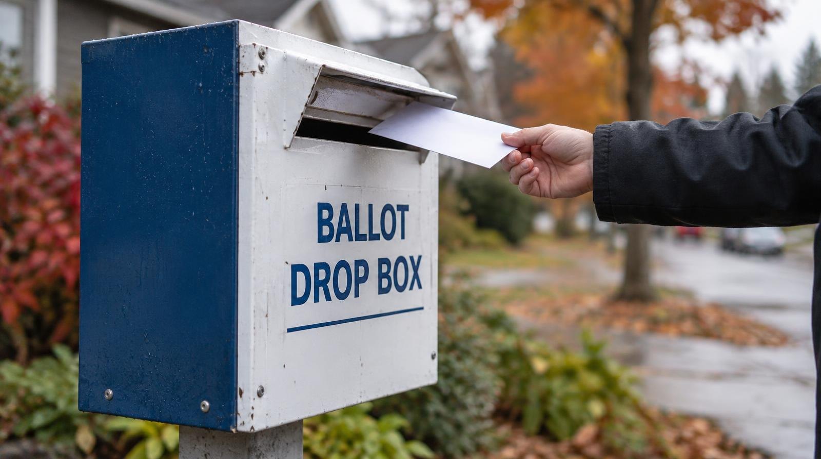 A metal ballot drop box mounted on a post outdoors.