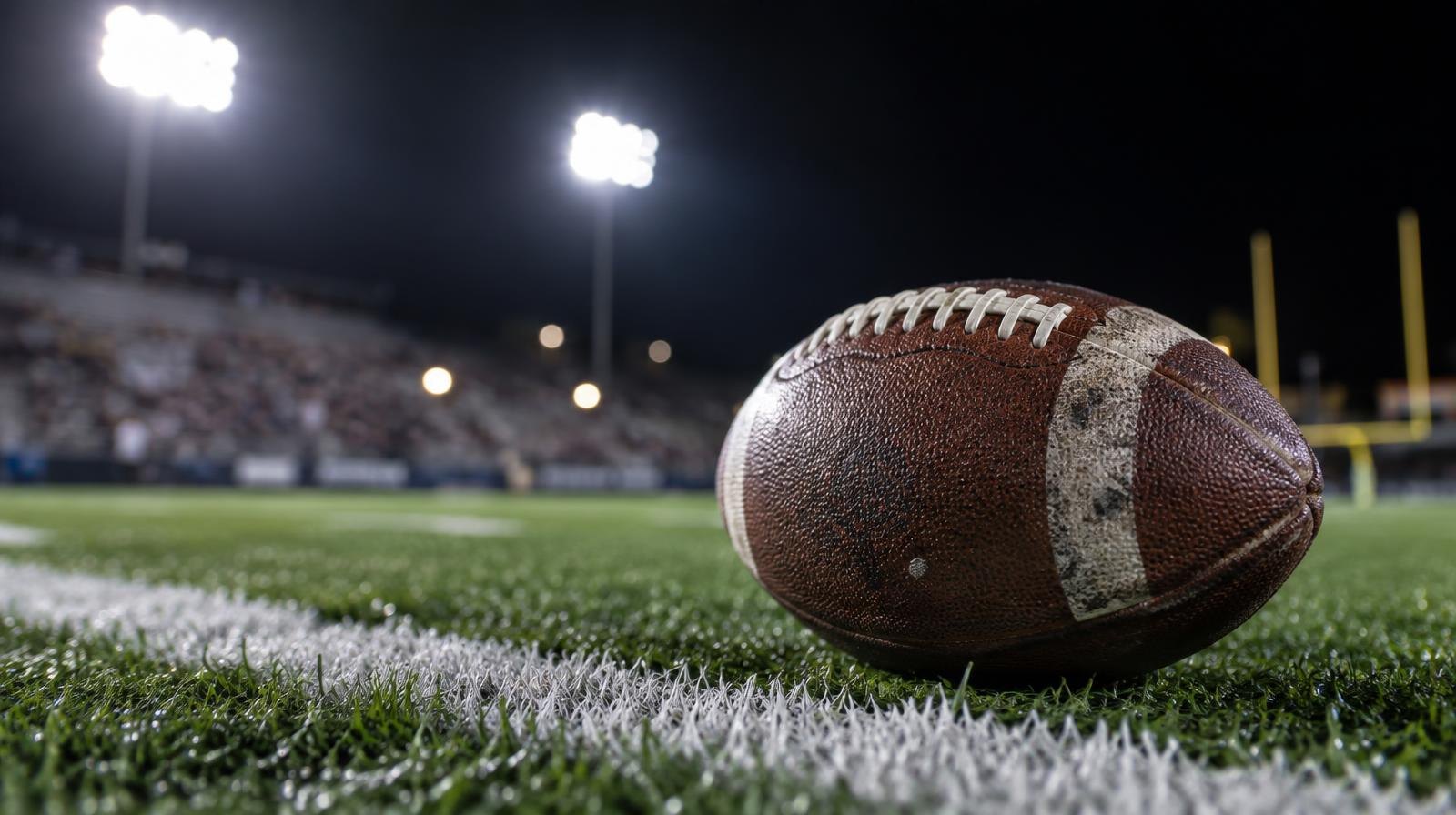 An American football resting on green turf beside a white yard line under bright stadium lights.