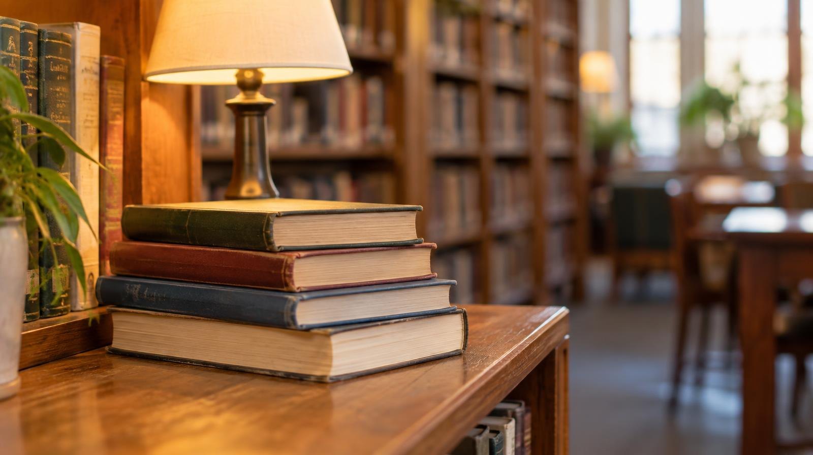 Hardcover books stacked on a wooden library shelf beside a small reading lamp.