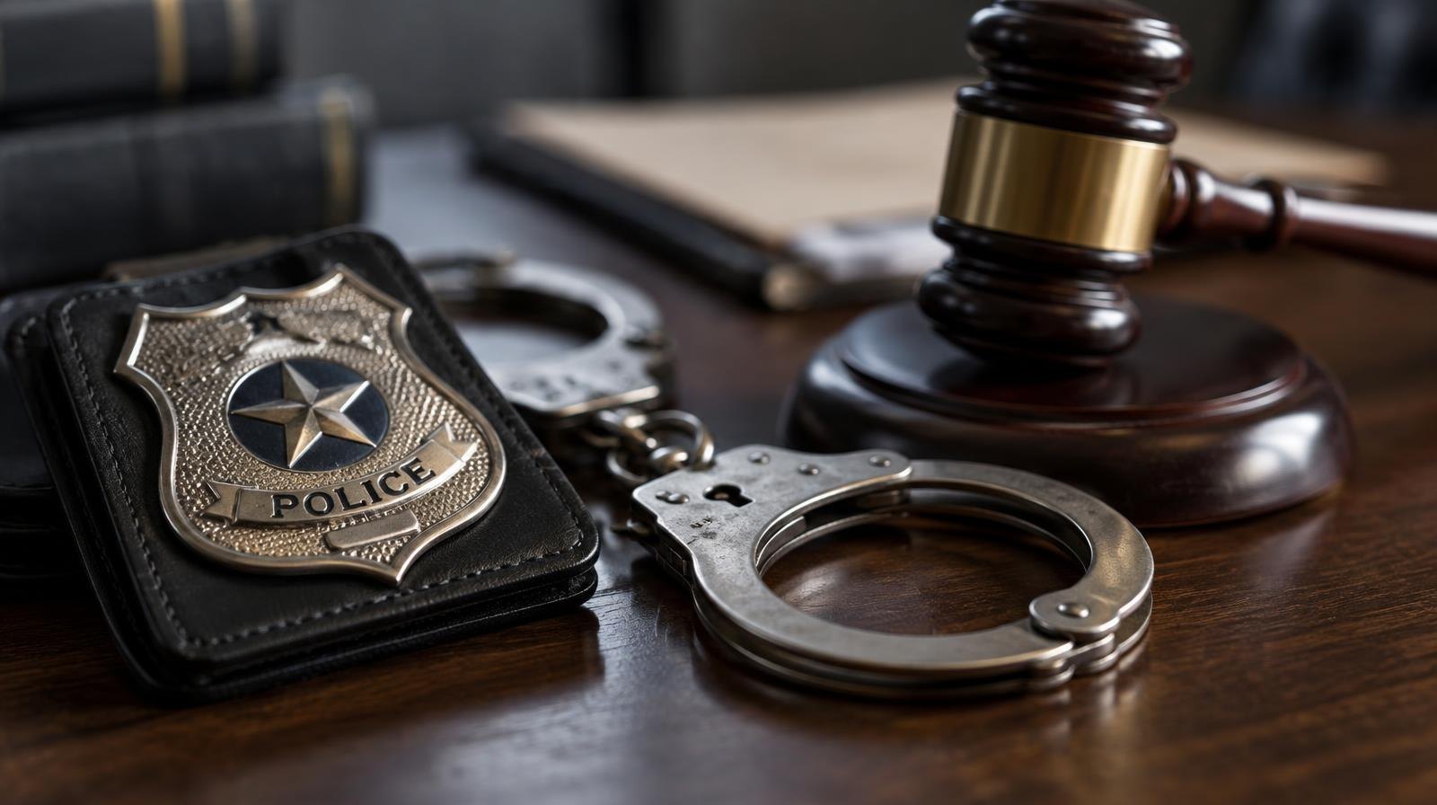Police badge, handcuffs, and gavel arranged on a wooden surface.