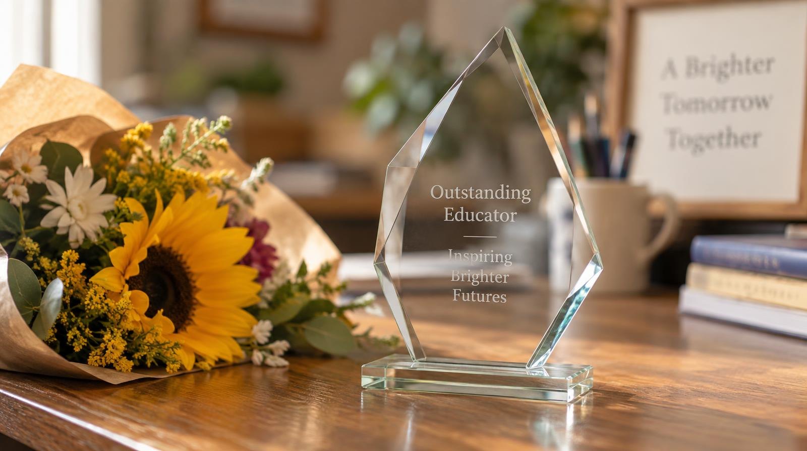 A clear glass trophy resting on a wooden surface beside a small bouquet of flowers.