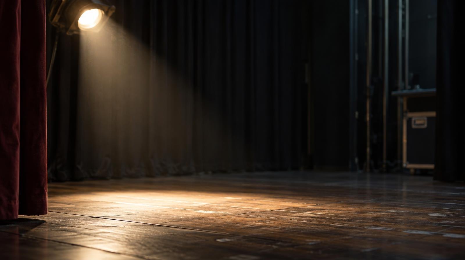 A single spotlight shines down on an empty wooden stage with dark curtains in the background.