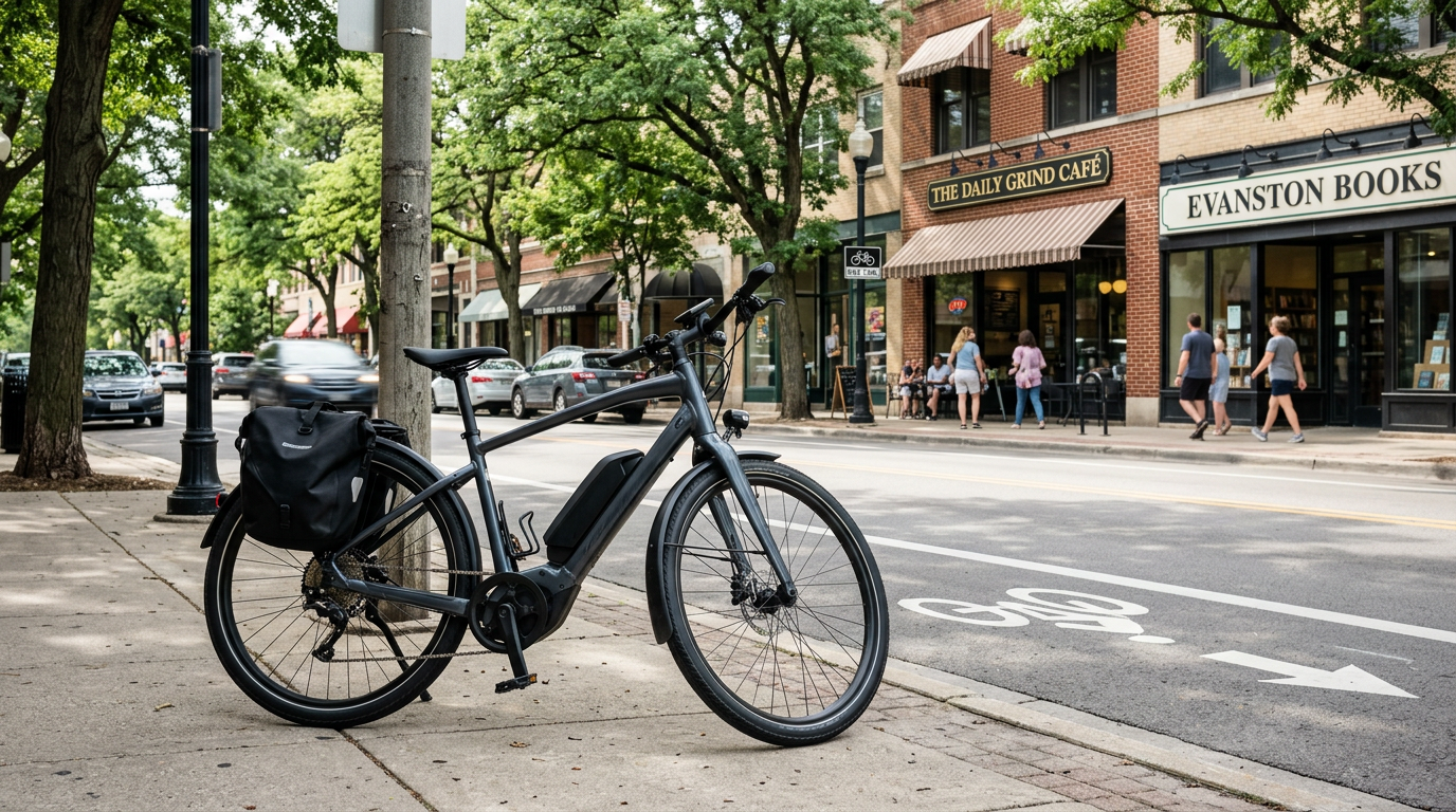 An electric bicycle parked beside a painted bike lane on a tree-lined street with storefronts.