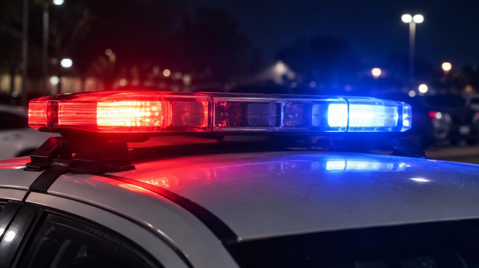 Red and blue police emergency lights glowing on a cruiser roof at night.