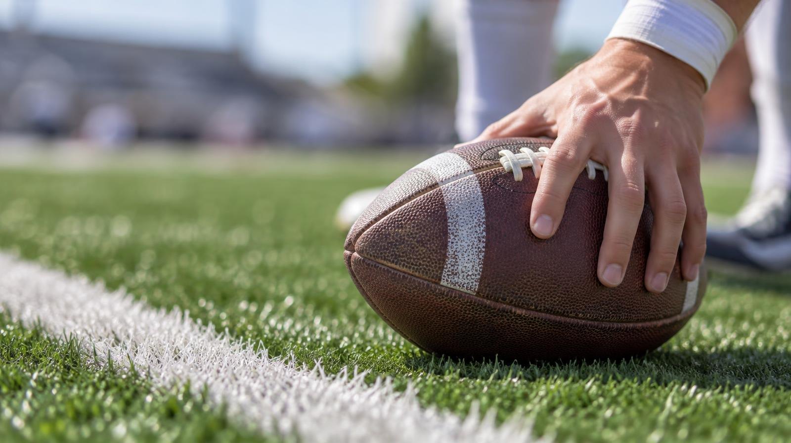 A football resting on green artificial turf beside a white yard line.