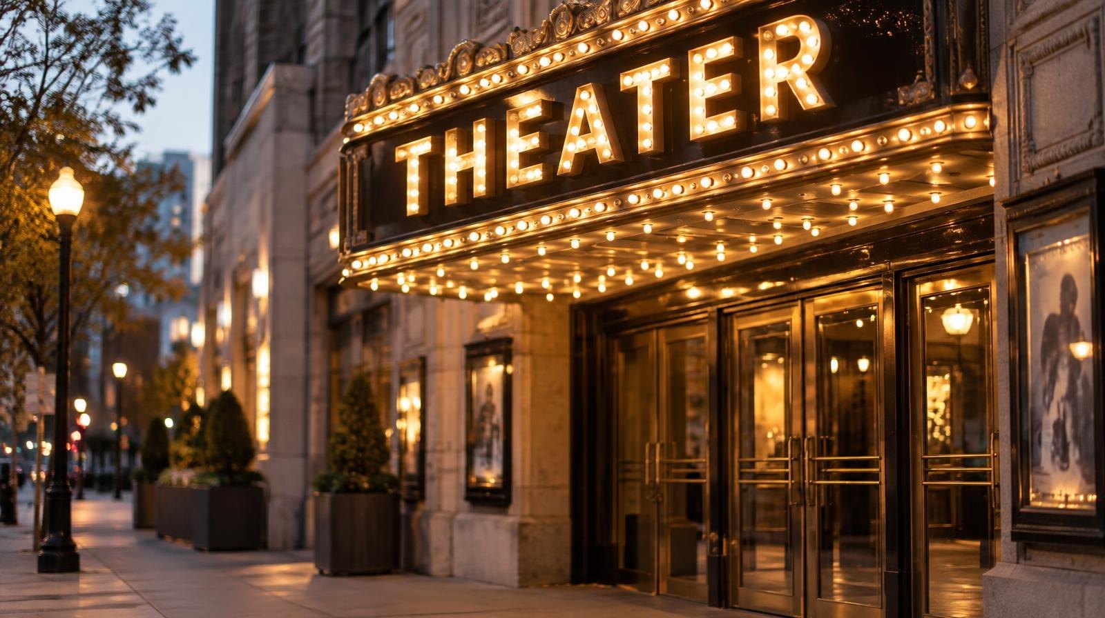Illuminated theater marquee above ornate entrance doors at dusk.