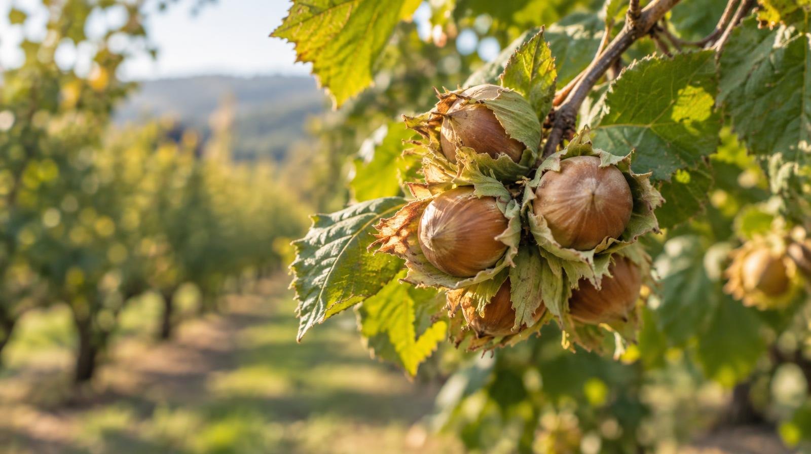 Ripe hazelnuts in green husks clustered on a leafy branch.