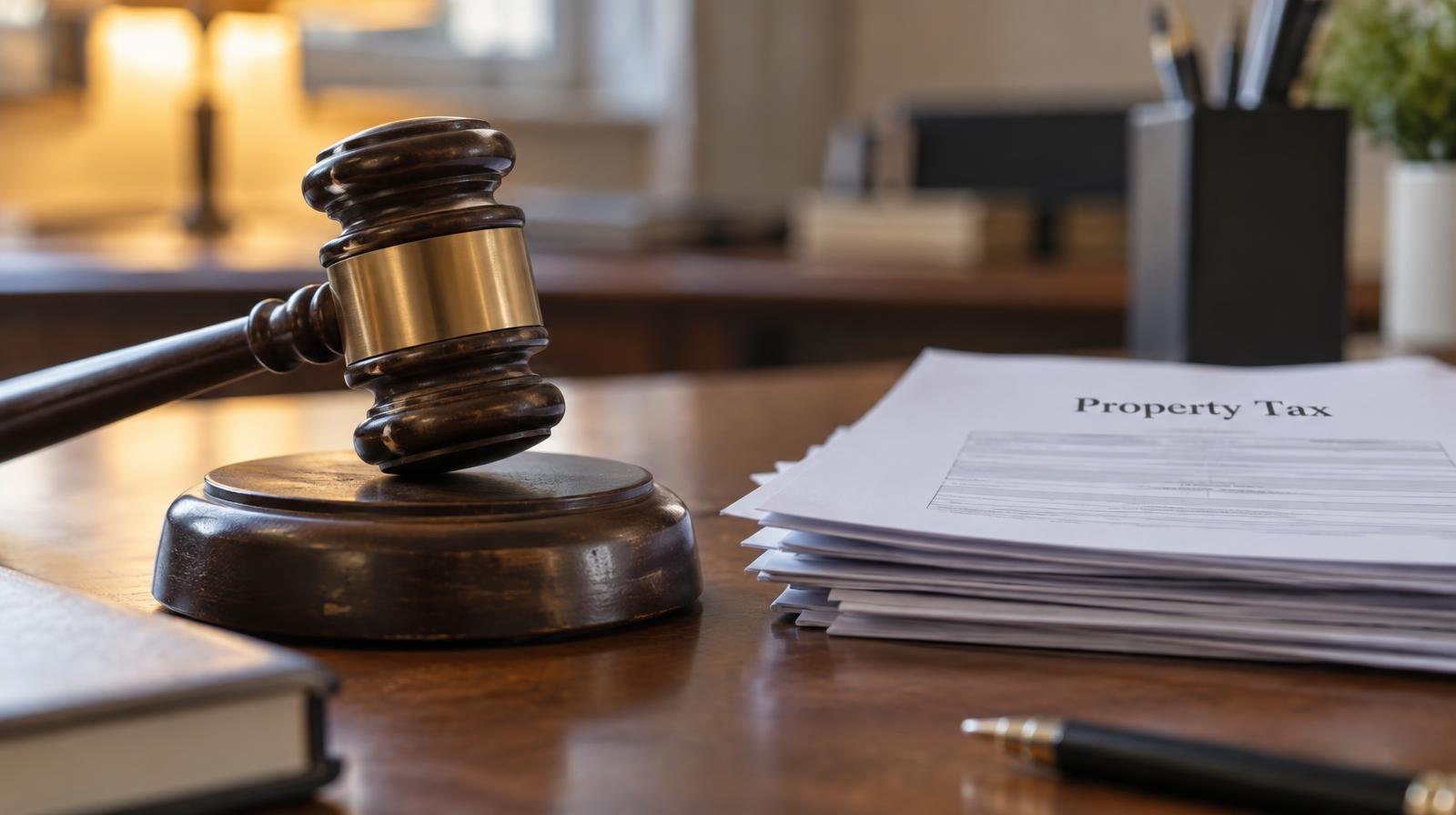 Wooden gavel resting on its sound block on a polished table.