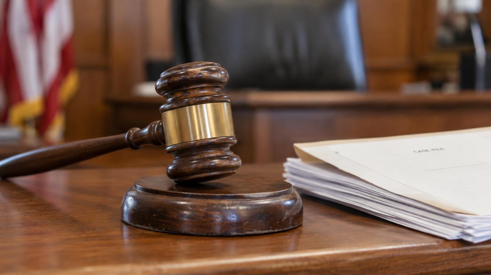 Wooden gavel resting on its sound block on a courtroom bench.