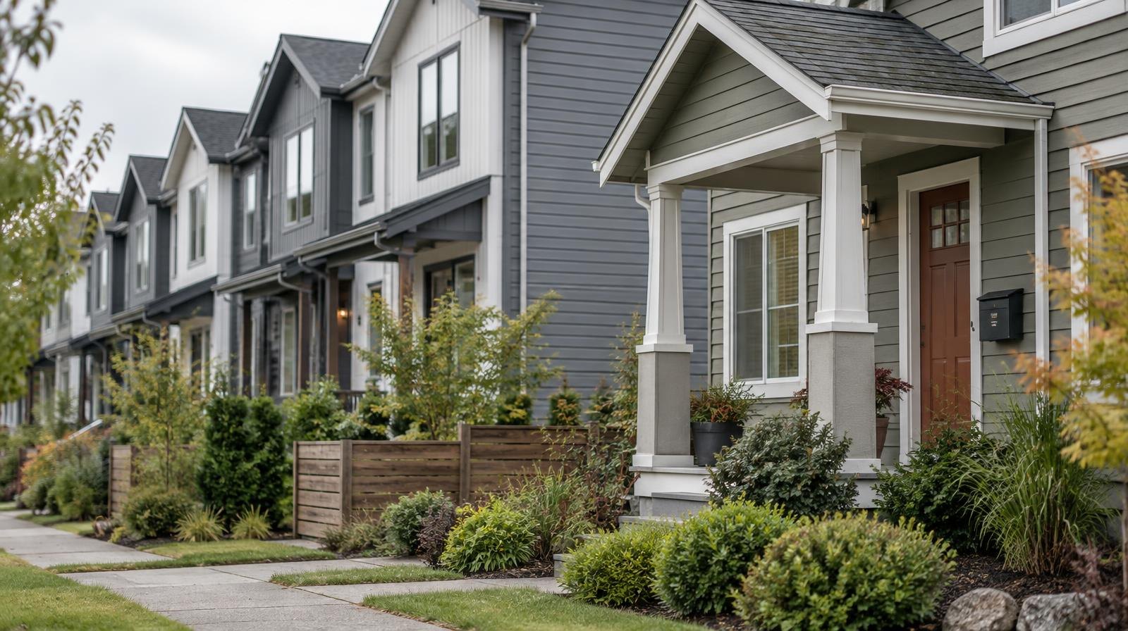 Small attached townhouses and a detached cottage side by side on a quiet residential street.