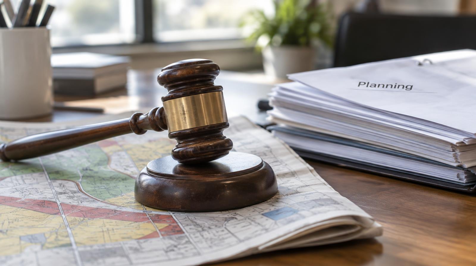 Wooden gavel resting on a folded map next to planning documents.