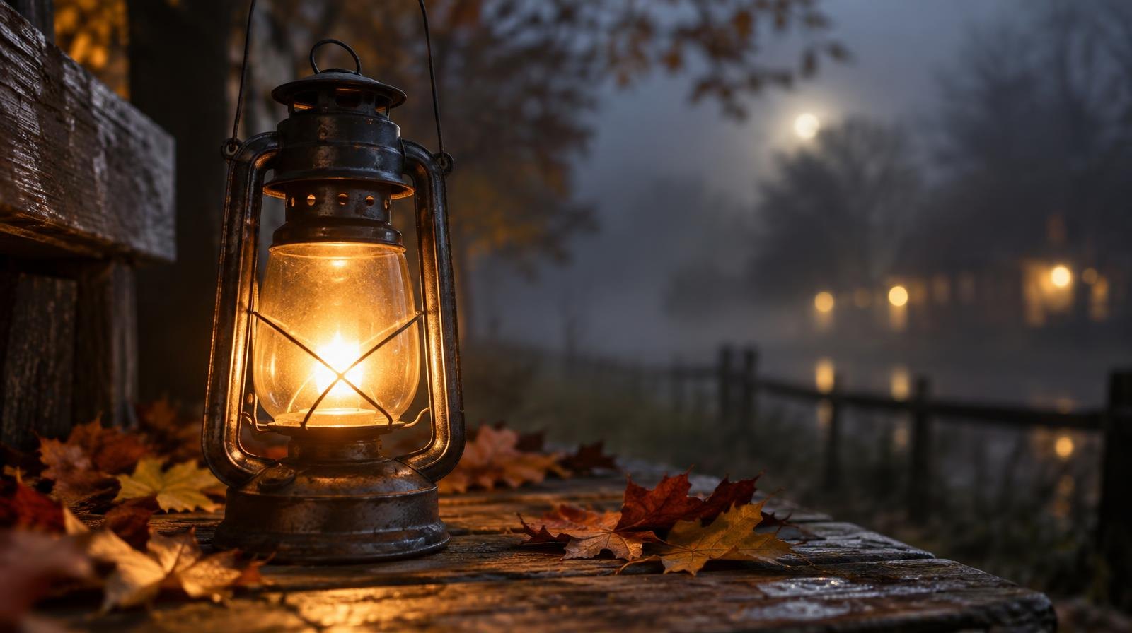 A glowing vintage lantern surrounded by autumn leaves on a misty night.