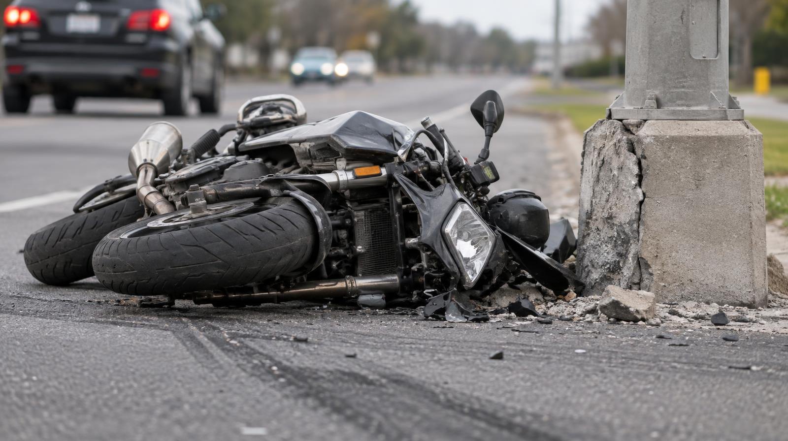 A motorcycle on its side on pavement beside a cracked light pole base with skid marks.