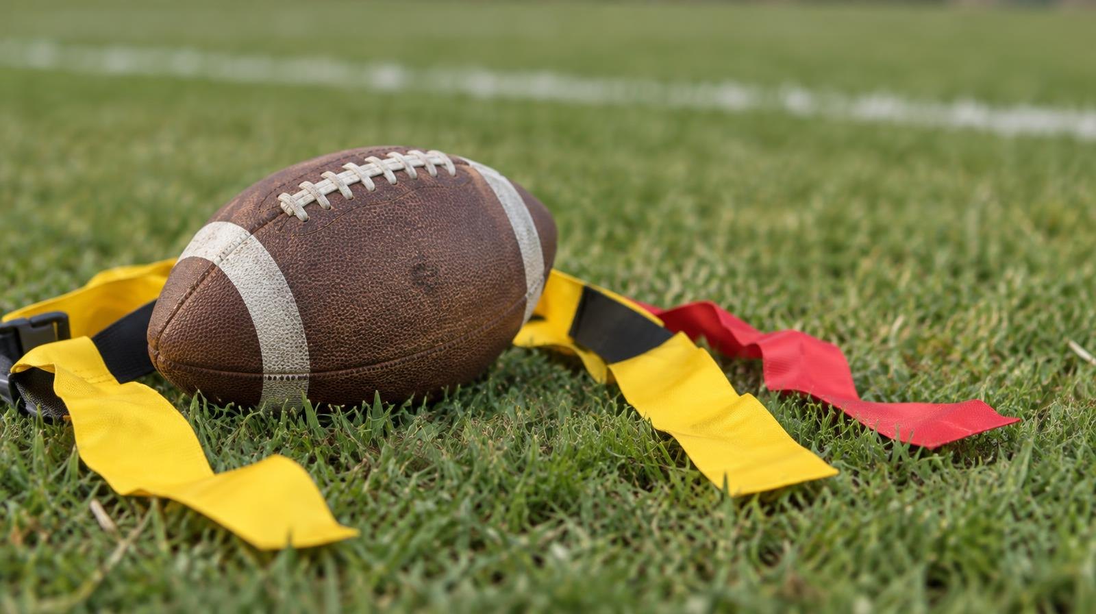 A football and flag football belts with flags lying on green grass.