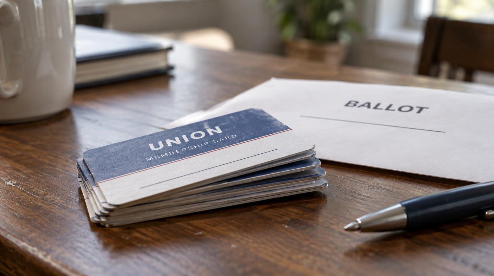 A union card and ballot envelope resting on a wooden desk beside a pen.