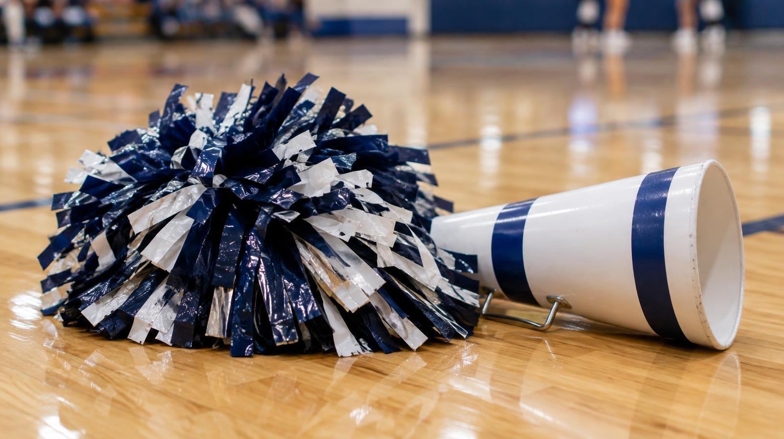 A colorful pom-pom and folded megaphone resting on a hardwood gym floor.