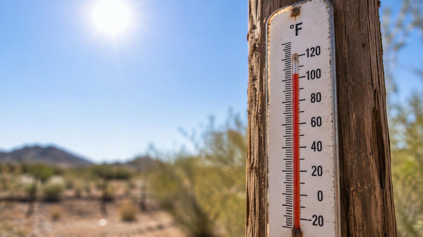 Outdoor thermometer on a wooden post reading near 100 degrees in bright sunlight.