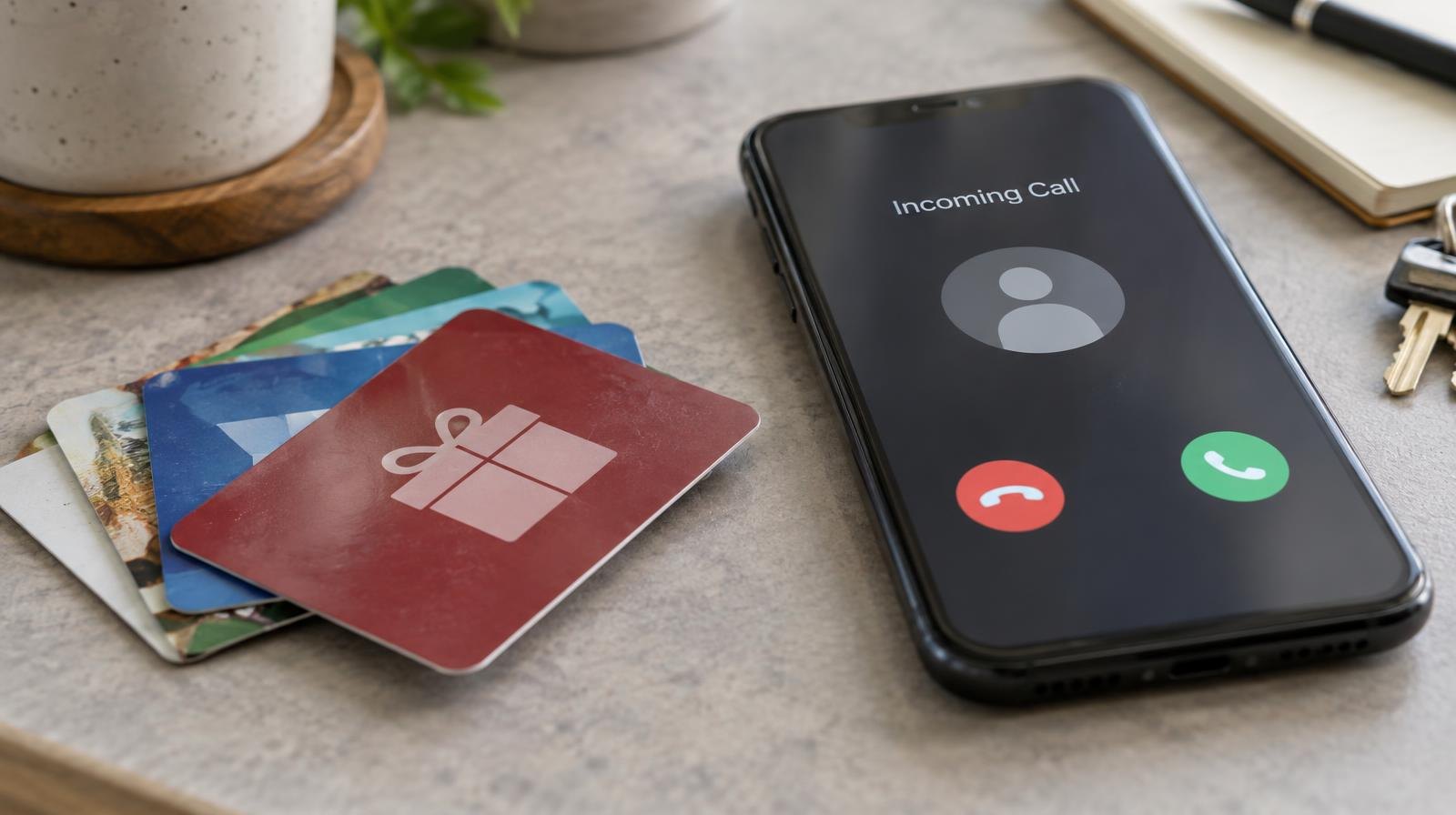 Retail gift cards fanned out on a surface next to a smartphone with an incoming call.