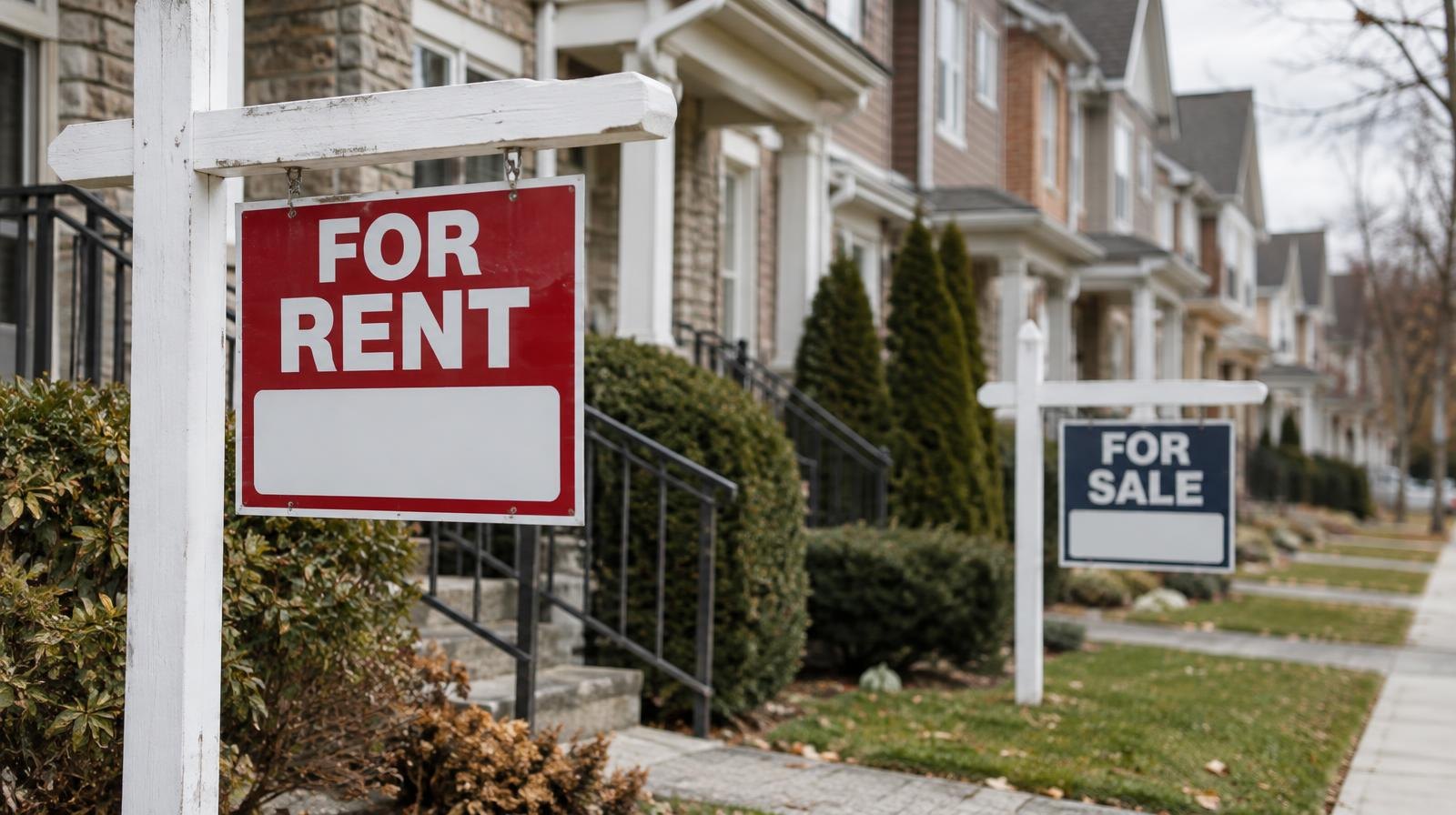 A row of suburban townhouses with rental and sale signs on the front lawns under an overcast sky.