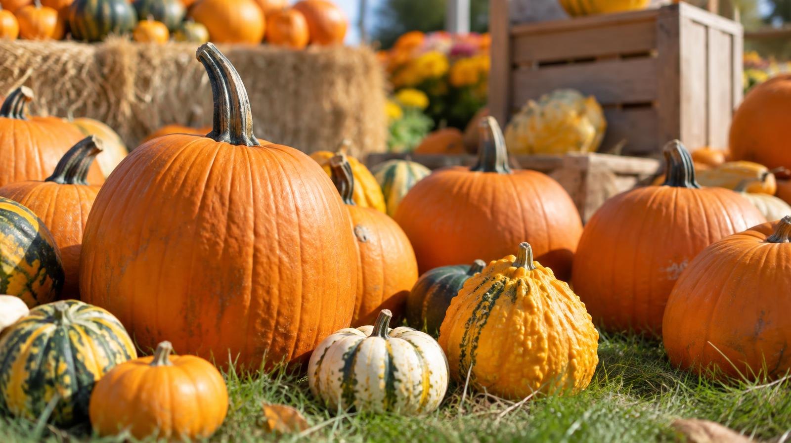 Dozens of orange pumpkins and colorful gourds arranged on green grass outdoors.