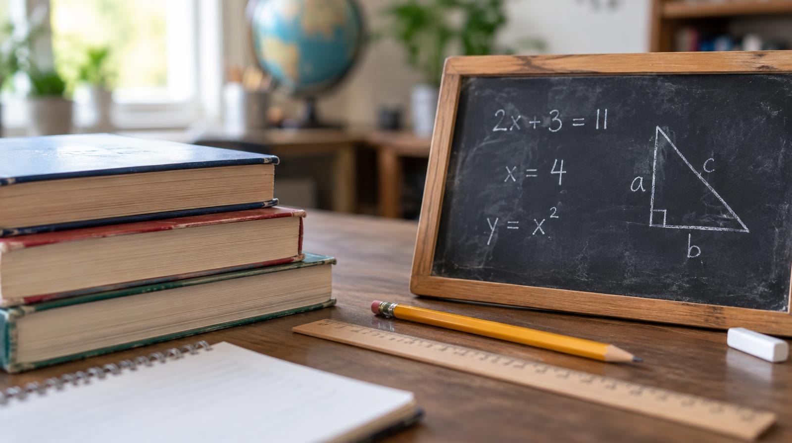 Stack of textbooks, small chalkboard with equations, pencil and ruler on a wooden desk.
