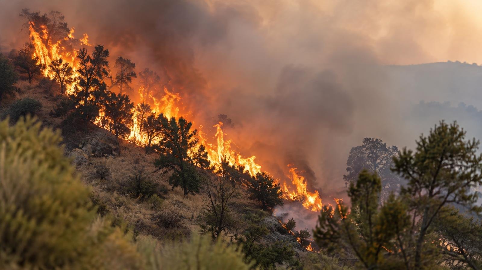 Orange flames and thick smoke rise from a wildfire burning through a dry hillside forest.