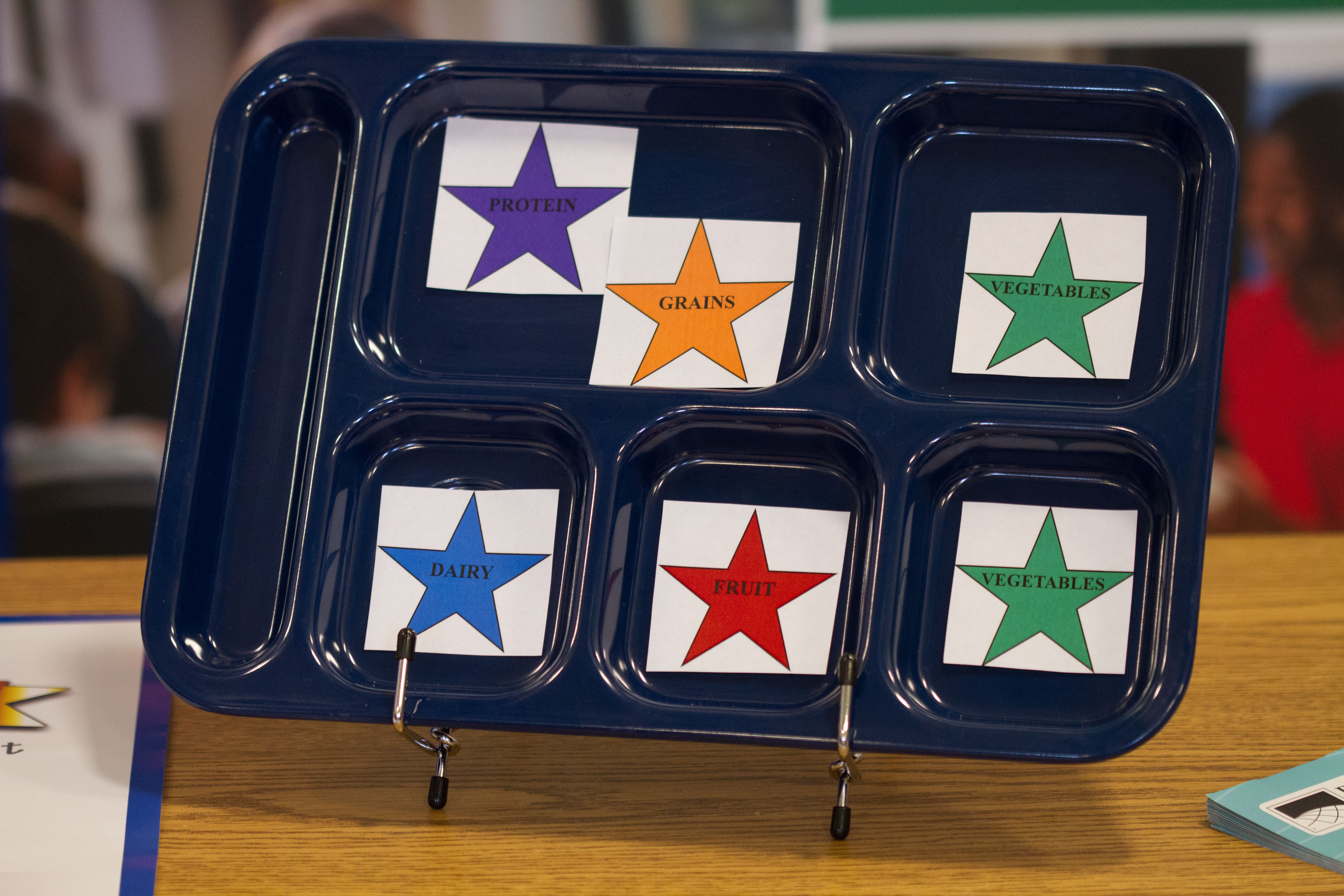 A blue divided school lunch tray with labeled food group cards in each compartment.