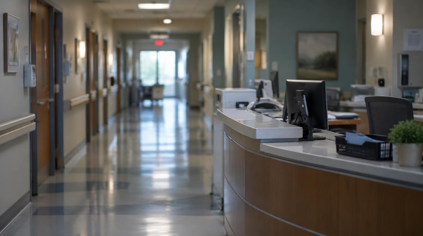 Empty hospital hallway with closed doors and an unstaffed nurses' station.