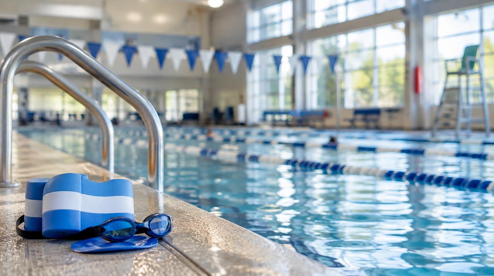 Indoor swimming pool with blue lap lanes and natural light through windows.