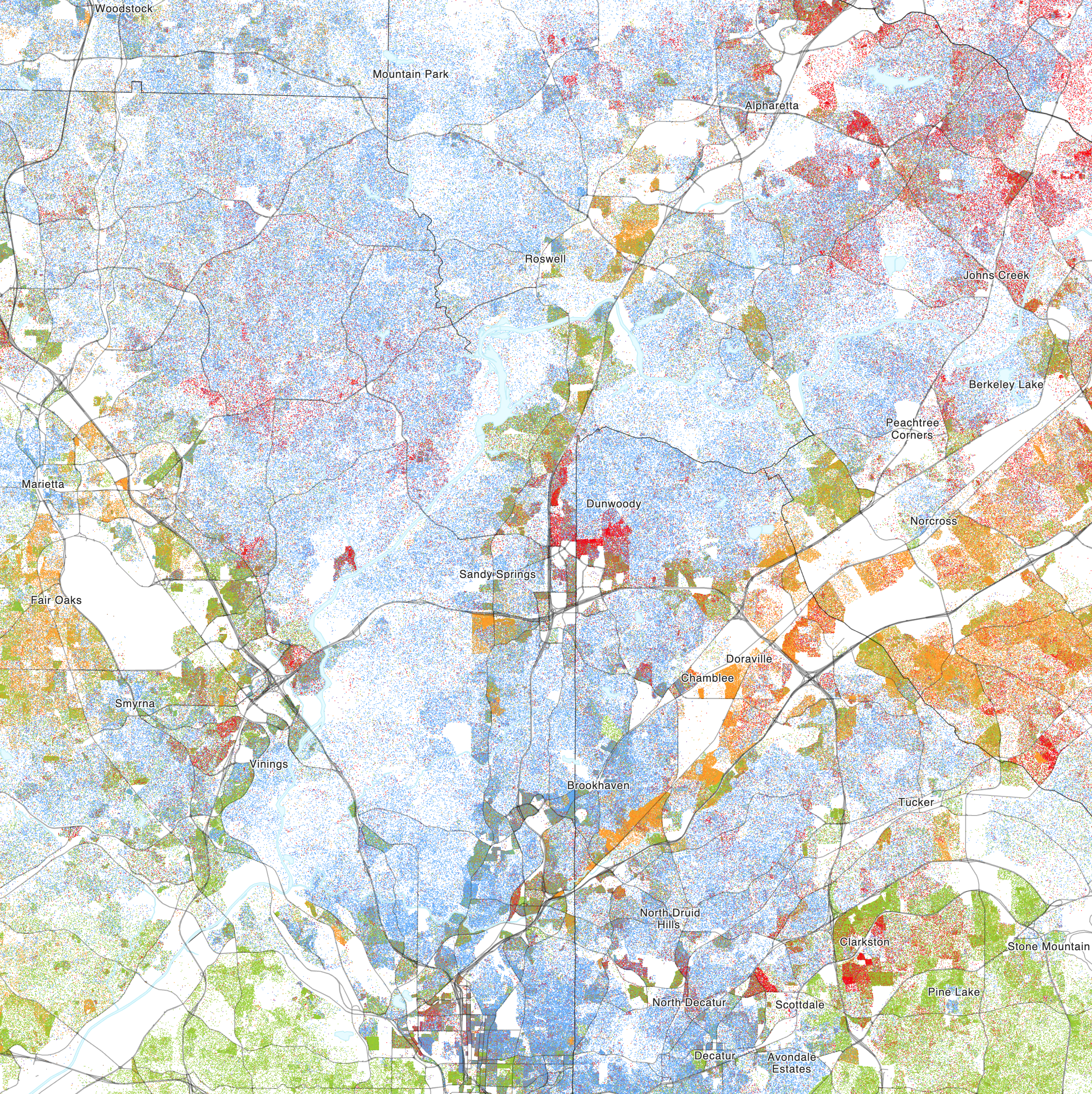 Dot-density map of Sandy Springs showing racial and ethnic distribution by color-coded dots.