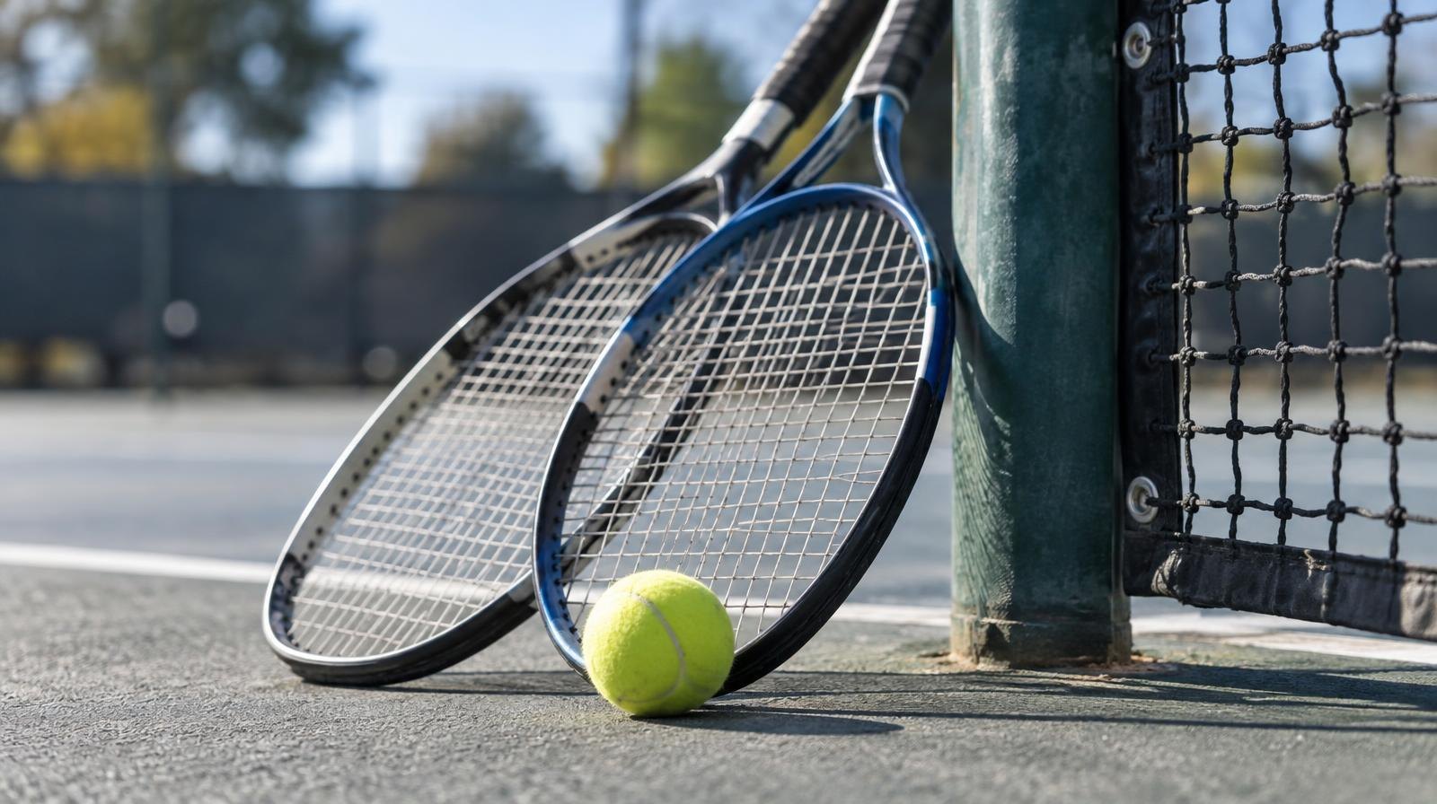 Two tennis rackets and a yellow tennis ball resting on a hard court surface near a net post.