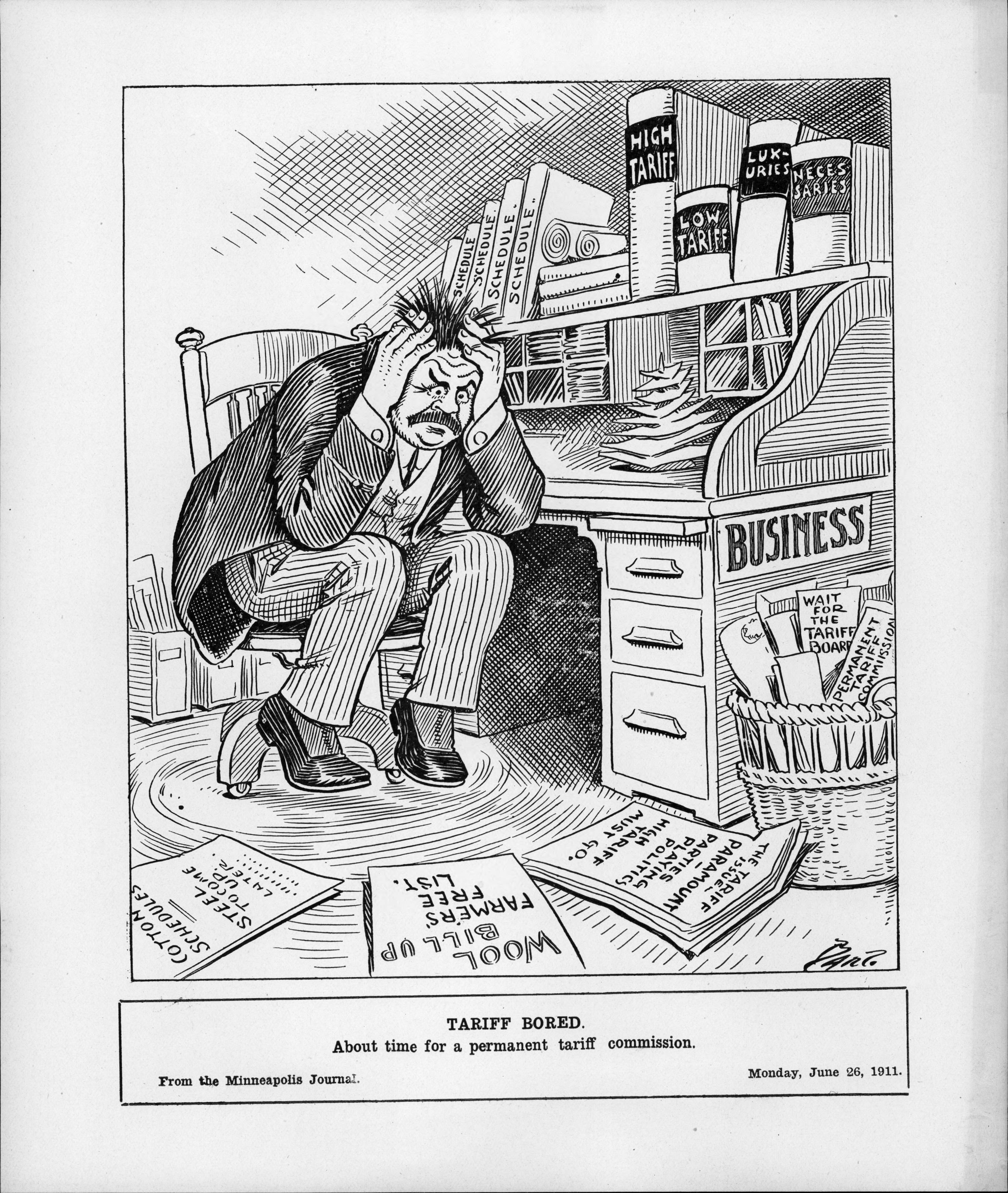 Historical cartoon showing a man at a desk overwhelmed by books and papers labeled with tariff-related terms.
