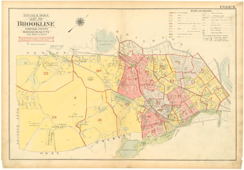 Color-coded historical index map of Brookline, Massachusetts, divided into numbered ward sections.