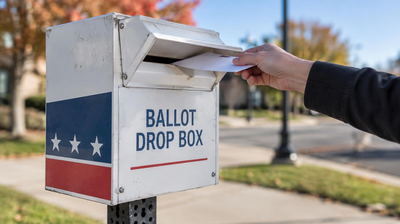 An outdoor ballot drop box mounted on a post with a mail slot.