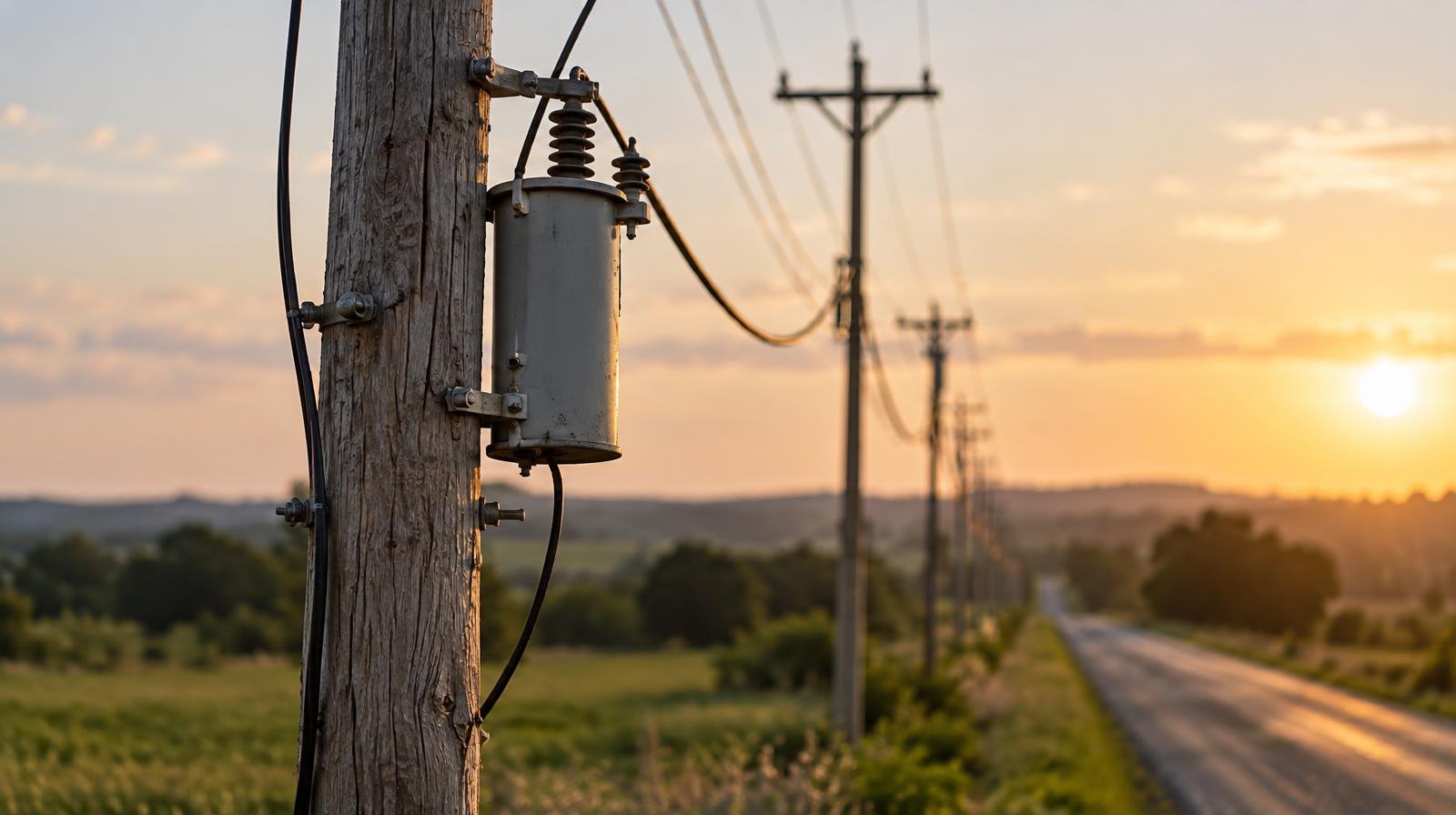 Wooden utility poles with power lines stretching along a rural road at sunset.