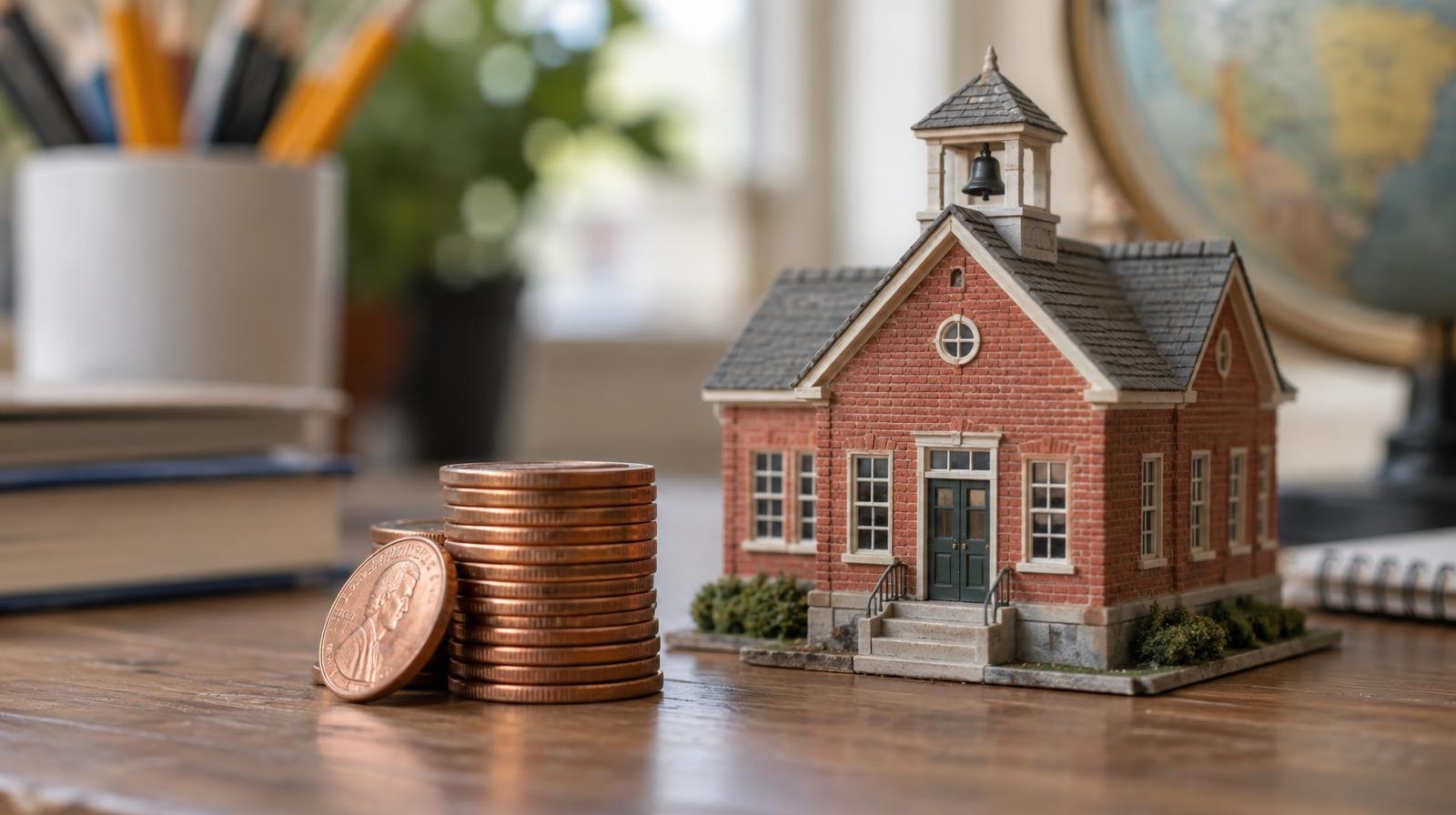 Stack of copper coins beside a small model school building on a desk.